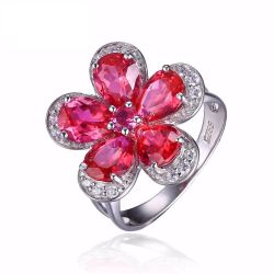 Flower 5ct Created Red Ruby Cocktail Ring 925 Sterling Silver