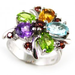 2.5ct Natural Amethyst Garnet Peridot Topaz Ring Pure Solid Genuine 925 Sterling Silver