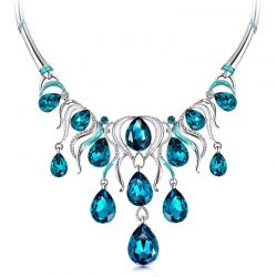  Platinum Plated Chain Necklace with Blue Crystal Rhinestone Woman