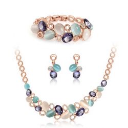 Rose Gold Crystal Rhinestone Stone Earrings Necklace Jewelry Set