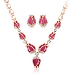 Rose Red Crystal Rhinestone Opal Cat eye's Stone Earrings Necklace