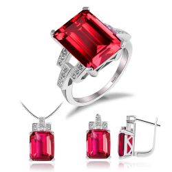Created Nano Russian Emerald Blue Sapphire Red Ruby Jewelry Sets 925 Sterling Silver Ring Pendant Necklace