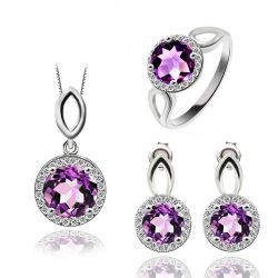 Natural Gemstone Amethyst 925 Sterling Silver Jewelry Set Ring Pendant Stud  Earring 