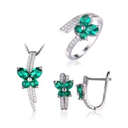 Nano Emerald Jewelry Set 925 Sterling Silver Ring Pendant Clip Earring