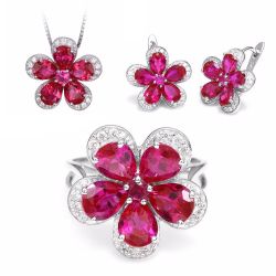 Solid Sliver Ruby Gemstone Jewelry Set Pendant Ring Earring 
