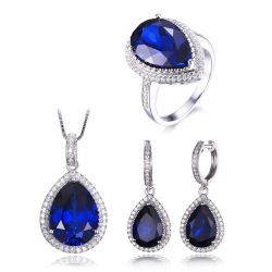 Solid 925 Sterling Silver Luxury Pear Cut Created Sapphire Ring Earring Pendant Jewelry Set 