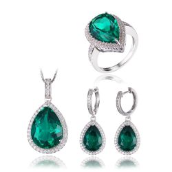 Nano Russian Emerald Jewelry Set Ring Earring Pendant  925 Sterling Silver 