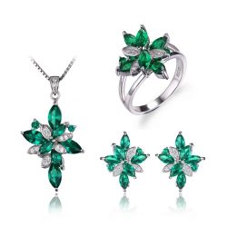 Green Created Emerald Jewelry Set 925 Sterling Silver Ring Necklace Pendant Clip Earring