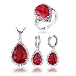  Pear Shape Pigeon Blood Created Ruby S925 Sterling Silver Ring Necklace Pendant Earring WomenJewelry Set