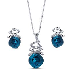 Wedding Bridal Jewelry Set Pendant Necklace Stud Earrings Blue Crystal