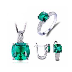 8.7ct Emerald Ring Pendant Clip Earrings Jewelry Set 925 Sterling Silver Fine Jewelry