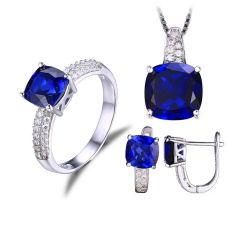 Square Shape Created Sapphire Ring Pendant Earring Clip Jewelry Set S925 Sterling Silver