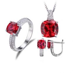 Created Ruby Ring Necklace Clip Earring Jewelry Set 925 Sterling Silver Jewelry Set