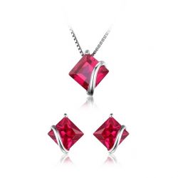 Classic Square 6.1ct Created Ruby Stud Earrings Pendant Necklace 925 Sterling Silver 