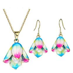 Light Yellow Gold Color Jewelry Sets Flower Simulated Pearl Necklaces Enamel Earrings